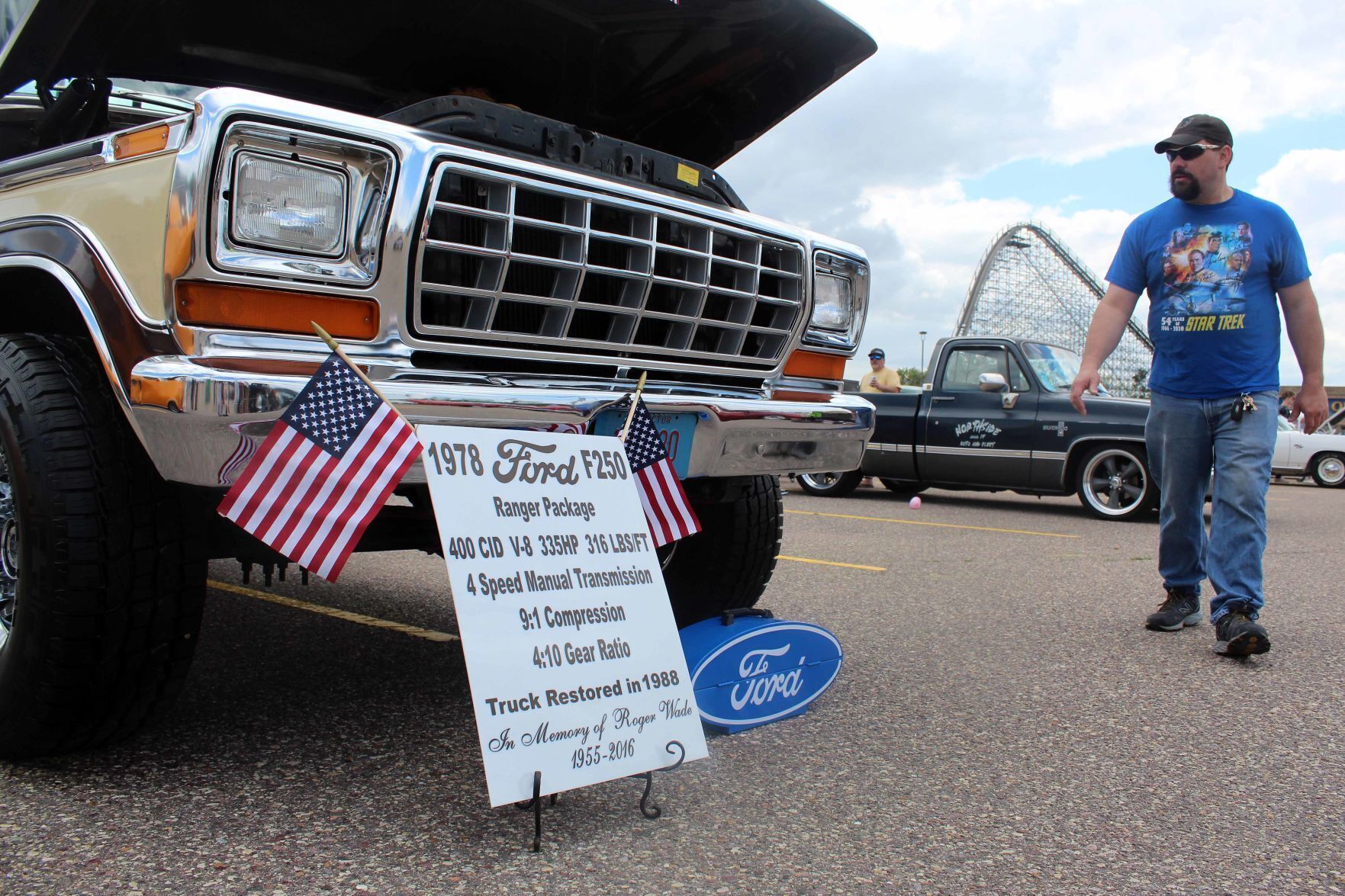 Walking by a Ford truck classic car